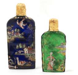 TWO GEORGE II GOLD MOUNTED GLASS SCENT BOTTLES TWO GEORGE II GOLD MOUNTED GLASS SCENT BOTTLES