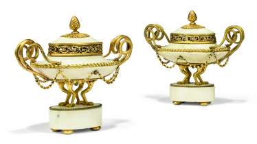 A PAIR OF LATE LOUIS XVI ORMOLU-MOUNTED AND WHITE MARBLE BRULE-PARFUMS A PAIR OF LATE LOUIS XVI ORMOLU-MOUNTED AND WHITE MARBLE BRULE-PARFUMS