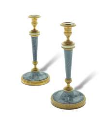 A PAIR OF LATE LOUIS XVI ORMOLU, GREY AND WHITE MARBLE CANDLESTICKS A PAIR OF LATE LOUIS XVI ORMOLU, GREY AND WHITE MARBLE CANDLESTICKS