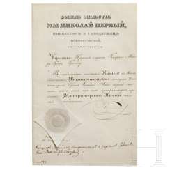 Two certificates for the Order of St. Anna 1st class and 2nd class, Russia, dated 1834 and 1867 Two certificates for the Order of St. Anna 1st class and 2nd class, Russia, dated 1834 and 1867