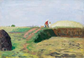 Paysage de landes ensoleillé avec la femme et l'enfant d'un fermier Paysage de landes ensoleillé avec la femme et l'enfant d'un fermier