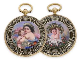 Pocket watch: fine Gold/enamel ladies Savonnette with a magnifying glass painting and diamonds, in the style of the early Patek & Czapek pocket watch, signed Tharby & Fils, Geneve, No. 86656, CA. 1850 Pocket watch: fine Gold/enamel ladies Savonnette with a magnifying glass painting and diamonds, in the style of the early Patek & Czapek pocket watch, signed Tharby & Fils, Geneve, No. 86656, CA. 1850