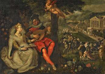 Valckenborch, Frederik van. Galantes courtly Couple in front of rich vibrant castle Park. Valckenborch, Frederik van. Galantes courtly Couple in front of rich vibrant castle Park.