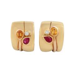 CADEAUX earrings with a ruby, a sapphire, and brilliant, CADEAUX earrings with a ruby, a sapphire, and brilliant,