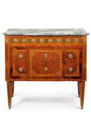 A NORTH ITALIAN REPOUSEE GILT-METAL-MOUNTED STAINED FRUITWOOD AND EBONY-INLAID TULIPWOOD AND KINGWOOD COMMODE A NORTH ITALIAN REPOUSEE GILT-METAL-MOUNTED STAINED FRUITWOOD AND EBONY-INLAID TULIPWOOD AND KINGWOOD COMMODE