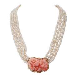 Necklace made of freshwater pearls with coral carving Necklace made of freshwater pearls with coral carving