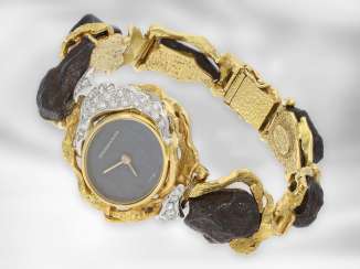 Armbanduhr: goldene, sehr hochwertige und abstrakte vintage Designer-Damenuhr aus dem Hause Julia Plana, mit Eisenerz und Brillanten besetzt, Handarbeit, 18K Gold Armbanduhr: goldene, sehr hochwertige und abstrakte vintage Designer-Damenuhr aus dem Hause Julia Plana, mit Eisenerz und Brillanten besetzt, Handarbeit, 18K Gold