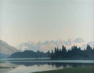 FELIX HEUBERGER 1888, Vienna - 1968 Innsbruck mountain landscape AT A LAKE FELIX HEUBERGER 1888, Vienna - 1968 Innsbruck mountain landscape AT A LAKE