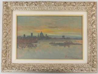 UGO MACCABRUNI, Vue sur la ville, Acrylique, Plaque, Italie, 20. Siècle UGO MACCABRUNI, Vue sur la ville, Acrylique, Plaque, Italie, 20. Siècle