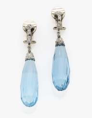 A pair of aquamarine and diamond clip earrings A pair of aquamarine and diamond clip earrings
