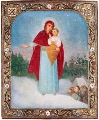 LARGE-FORMAT ICON WITH THE MOTHER OF GOD 'AUGUSTOWSKAJA' 2nd half of the 20th century. Wooden panel with two sponki on the back. Oil painting on a chalk background LARGE-FORMAT ICON WITH THE MOTHER OF GOD 'AUGUSTOWSKAJA' 2nd half of the 20th century. Wooden panel with two sponki on the back. Oil painting on a chalk background