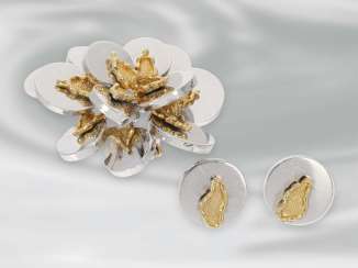 Brooch/earrings: interesting Design-jewelry set of brooch and Earrings, 18K White/yellow gold, unique, gold, wrought by hand Brooch/earrings: interesting Design-jewelry set of brooch and Earrings, 18K White/yellow gold, unique, gold, wrought by hand