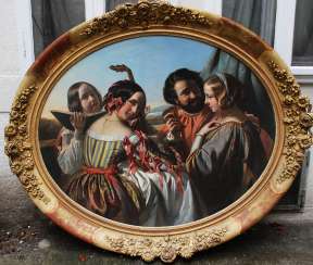 Eugene Francois Marie Joseph Deveria (1808-1865)-circle, Music and feasting company with three elegant ladies and a gentleman in landscape Eugene Francois Marie Joseph Deveria (1808-1865)-circle, Music and feasting company with three elegant ladies and a gentleman in landscape