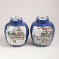 Pair of 'Powder-Blue' ginger pots with figural scenes in the Famille-Verte Pair of 'Powder-Blue' ginger pots with figural scenes in the Famille-Verte
