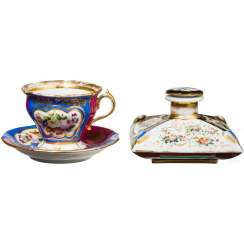 Inkwell or perfume bottle from the possession of Grand Duchess Olga Nikolaevna Romanova and teacup, probably Russian private manufactory, mid-19th century. Century Inkwell or perfume bottle from the possession of Grand Duchess Olga Nikolaevna Romanova and teacup, probably Russian private manufactory, mid-19th century. Century