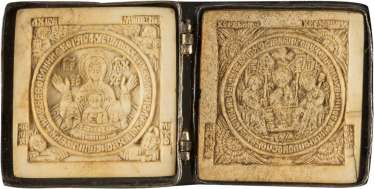 FINE DIPTYCH WITH THE MOTHER OF GOD OF THE SIGN AND THE OLD TESTAMENT TRINITY WITH CLOISONNÉ ENAMEL MOUNT Russia FINE DIPTYCH WITH THE MOTHER OF GOD OF THE SIGN AND THE OLD TESTAMENT TRINITY WITH CLOISONNÉ ENAMEL MOUNT Russia