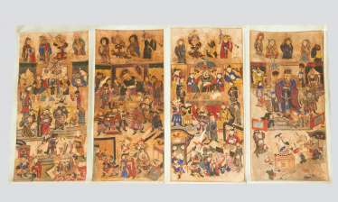chen Hongshou (1598-1652)-attributed, Four Paintings of Court Scenes , Indian ink with watercollours on paper, laid dawn on paper, partly script signs, demages, chen Hongshou (1598-1652)-attributed, Four Paintings of Court Scenes , Indian ink with watercollours on paper, laid dawn on paper, partly script signs, demages,