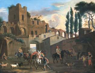 Ruins landscape with horsemen and pack animals Ruins landscape with horsemen and pack animals