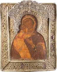 ICON OF THE MOTHER OF GOD OF VLADIMIR (VLADIMIRSKAYA) WITH RIZA AND VERMEIL-NIMBUS ICON OF THE MOTHER OF GOD OF VLADIMIR (VLADIMIRSKAYA) WITH RIZA AND VERMEIL-NIMBUS