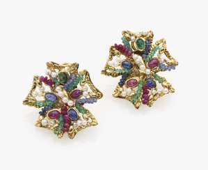 A pair of clip-on earrings with diamonds, rubies, sapphires, emeralds and cultured pearls A pair of clip-on earrings with diamonds, rubies, sapphires, emeralds and cultured pearls