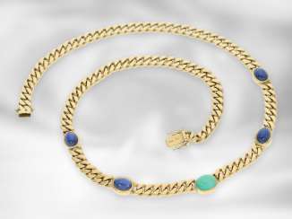 Chain / necklace: massive and heavy gold vintage curb chain with sapphires and emeralds, 18K yellow gold Chain / necklace: massive and heavy gold vintage curb chain with sapphires and emeralds, 18K yellow gold