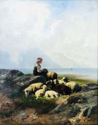Christian Mali (1832-1906): Young peasant girl with sheep on the Achensee. Oil / LW. 1891. Christian Mali (1832-1906): Young peasant girl with sheep on the Achensee. Oil / LW. 1891.