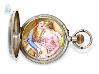 Pocket watch: in a particularly large pocket watch for the Chinese market with the finest erotic enamel painting, Chs. Hormann & Cie., Neuchâtel, around 1885 Pocket watch: in a particularly large pocket watch for the Chinese market with the finest erotic enamel painting, Chs. Hormann & Cie., Neuchâtel, around 1885