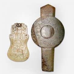 'Gui-Bi' from a brown-green Jade, and 'Yue' gray-white Jade 'Gui-Bi' from a brown-green Jade, and 'Yue' gray-white Jade