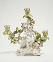 Meissen, Mid-18th. Century . Three-light chandelier with the hunting goddess Diana Meissen, Mid-18th. Century . Three-light chandelier with the hunting goddess Diana