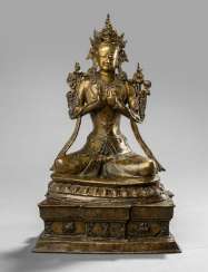 Bronze of Maitreya on a Pedestal sitting, in two Parts worked Bronze of Maitreya on a Pedestal sitting, in two Parts worked