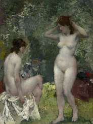 Two Nudes in a Park, signed. Two Nudes in a Park, signed.