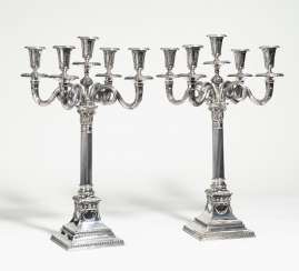 Pair of splendid large silver candelabra with column shaped shaft Pair of splendid large silver candelabra with column shaped shaft