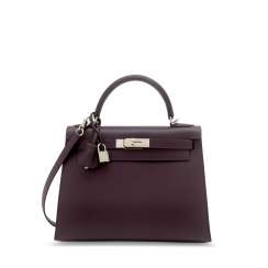 A RAISIN EPSOM LEATHER SELLIER LEATHER KELLY 28 WITH PALLADIUM HARDWARE A RAISIN EPSOM LEATHER SELLIER LEATHER KELLY 28 WITH PALLADIUM HARDWARE