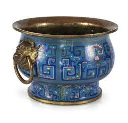 Partially fire-gilded Cloisonné incense burner in archaic style with Handle Partially fire-gilded Cloisonné incense burner in archaic style with Handle