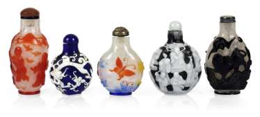 Fünf Snuffbottles, Pekingglas, Fünf Snuffbottles, Pekingglas,