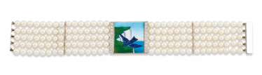 CULTURED PEARL, ENAMEL AND DIAMOND 'WHITE CLIFFS OF DOVER' BRACELET, CREATED BY HER MAJESTY THE QUEEN'S JEWELLER G.COLLINS & SONS LIMITED CULTURED PEARL, ENAMEL AND DIAMOND 'WHITE CLIFFS OF DOVER' BRACELET, CREATED BY HER MAJESTY THE QUEEN'S JEWELLER G.COLLINS & SONS LIMITED