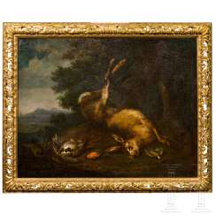 Monogram minimized still life with hare and partridge, South German, early 18th. Century Monogram minimized still life with hare and partridge, South German, early 18th. Century