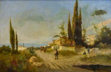 TERNI, A. L. (Pseudonym; actually. Georg Fischhof (1859-1914): Summer Mediterranean coastal landscape with cypress trees, 19./20. Century, TERNI, A. L. (Pseudonym; actually. Georg Fischhof (1859-1914): Summer Mediterranean coastal landscape with cypress trees, 19./20. Century,