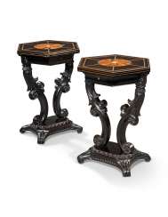 A PAIR OF CEYLONESE SPECIMEN-WOOD AND BONE-INLAID EBONY HEXAGONAL SIDE TABLES A PAIR OF CEYLONESE SPECIMEN-WOOD AND BONE-INLAID EBONY HEXAGONAL SIDE TABLES