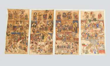 chen Hongshou (1598-1652)-attributed, Four Paintings of Court Scenes , Indian ink with watercollours on paper, laid dawn on paper, partly script signs, demages chen Hongshou (1598-1652)-attributed, Four Paintings of Court Scenes , Indian ink with watercollours on paper, laid dawn on paper, partly script signs, demages