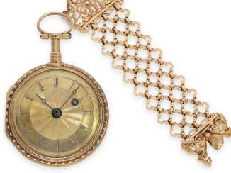 Pocket watch: magnificent red-gold Louis XV pompous spindle watch with repetition a toc and associated red-gold chatelaine, Muller a Paris, approx. 1780 Pocket watch: magnificent red-gold Louis XV pompous spindle watch with repetition a toc and associated red-gold chatelaine, Muller a Paris, approx. 1780