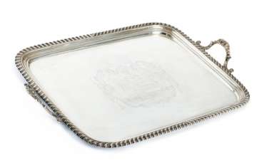 A large George IV tray with coat of arms engraving A large George IV tray with coat of arms engraving