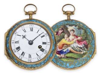 Pocket watch: rare rococo enamel spindle watch with very rare enamelling technique, signed Hughes London, No.1940, approx. 1770 Pocket watch: rare rococo enamel spindle watch with very rare enamelling technique, signed Hughes London, No.1940, approx. 1770