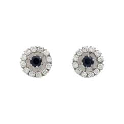 Earrings with 1 sapphire, together about 0.4 ct surrounded by brilliant-cut diamonds, Earrings with 1 sapphire, together about 0.4 ct surrounded by brilliant-cut diamonds,