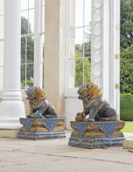 A PAIR OF LARGE CHINESE GILT-BRONZE AND CLOISONNE ENAMEL BUDDHIST LIONS A PAIR OF LARGE CHINESE GILT-BRONZE AND CLOISONNE ENAMEL BUDDHIST LIONS