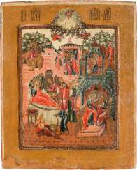 A FINE ICON OF THE NATIVITY OF THE MOTHER OF GOD IN MINIATURE PAINTING A FINE ICON OF THE NATIVITY OF THE MOTHER OF GOD IN MINIATURE PAINTING