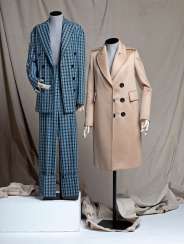 MICHELLE DOCKERY'S BEIGE CASHMERE COAT AND PALE BLUE AND BLACK-CHECKED SUIT MICHELLE DOCKERY'S BEIGE CASHMERE COAT AND PALE BLUE AND BLACK-CHECKED SUIT