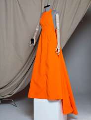 EMILIA WICKSTEAD'S ORANGE TEXTURED CLOQUE 'HELOISE' GOWN AND JESSICA MCCORMACK'S 18C GOLD AND DIAMOND 'GYPSET HOOP' EARRINGS EMILIA WICKSTEAD'S ORANGE TEXTURED CLOQUE 'HELOISE' GOWN AND JESSICA MCCORMACK'S 18C GOLD AND DIAMOND 'GYPSET HOOP' EARRINGS