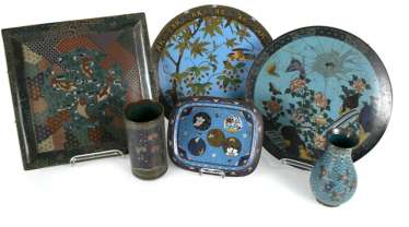 Konvolut aus sechs Cloisonné-Arbeiten Konvolut aus sechs Cloisonné-Arbeiten
