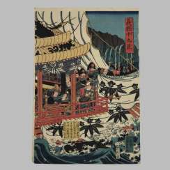 Japanese u-kiyo "Samurai Council on the Ship", 19th century Japanese u-kiyo "Samurai Council on the Ship", 19th century